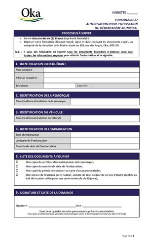 FORMULAIRE 27 - Autorisation pour l'utilisation du débarcadère municipal