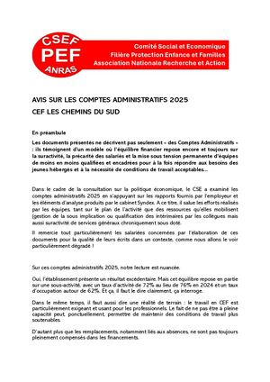 CEF Chemins Du Sud - CA 2025 : avis du CSE