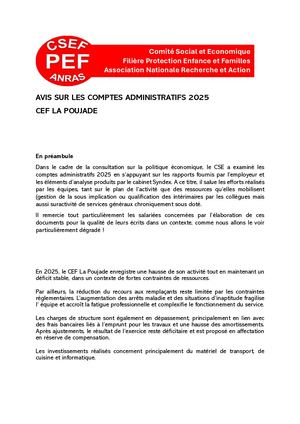 CEF La Poujade - CA 2025 : avis du CSE