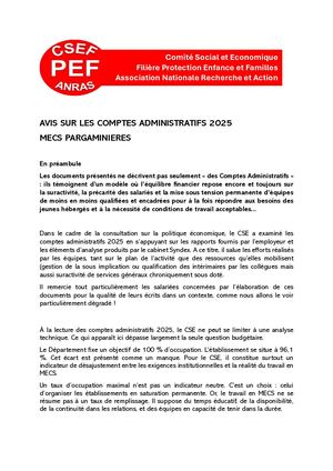 Foyer Pargaminières - CA 2025 : avis du CSE