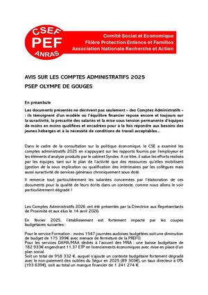 PSEP OdG (Aude) - CA 2025 : avis du CSE