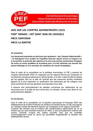PSEP tarnais - CA 2025 : avis du CSE