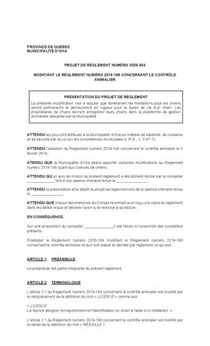 Projet de règlement 2026-304 modifiant le Règlement 2019-198 - Contrôle animalier
