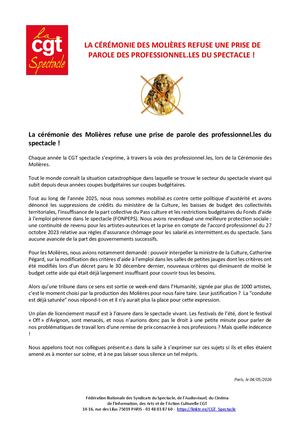Cp Cgtspectacle La Cérémonie Des Molières Refuse Une Prise De Parole Des Professionnel Les Du Spectacle !