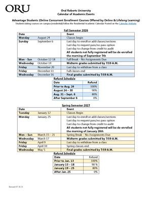 Fall 2026 - Spring 2027 Academic Calendar & Refund Schedule (Advantage Students - Online)