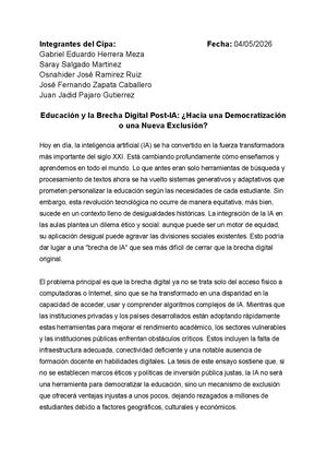 Ensayo De Educación Y La Brecha Digital Post Ia