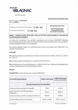 Tarification 2026 2027 Des Activités Aquatiques Et Du Bar De La Piscine Des Ramiers