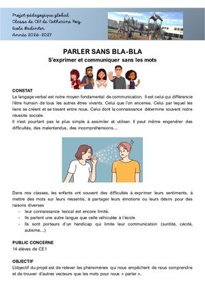 Projet Parle Avec Moi Sans Bla Bla Ce1 Badinter 2026 2027