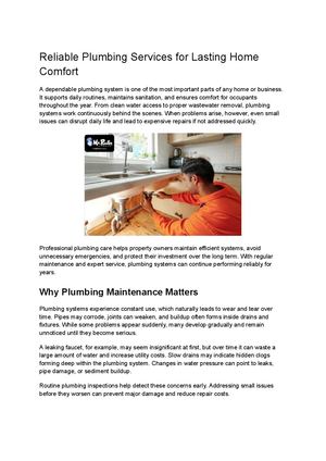 Reliable Plumbing Services For Lasting Home Comfort