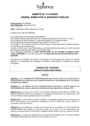 Arrete N° 1174-2026-Realisation Beton Desactive + Enrobe Avenue De Thouars (Parvis Stage Nautique) Du 11 Au 13-05-2026-Publié Le 07 05 2026