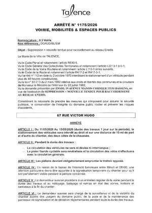 Arrete N° 1174-2026-Suppression + Nouvelle Tendue Raccordement Enedis 67 Rue Victor Hugo Du 11 Au 15-05-2026-Publié Le 07 05 2026