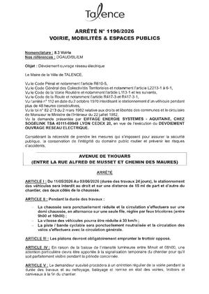 Arrete N° 1196-2026-Devoiement Ouvrage Reseau Electrique Avenue De Thouars Du 11-05 Au 03-06-2026-Publié Le 07 05 2026