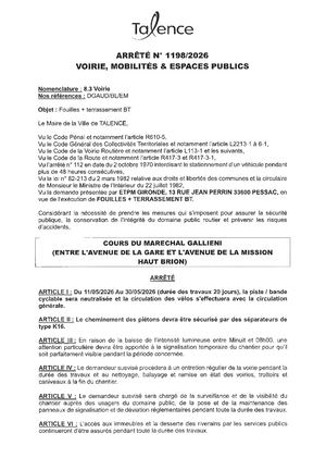 Arrete N° 1198-2026-Fouilles + Terrassement Bt Cours Du Marechal Gallieni Du 11 Au 30-05-2026-Publié Le 07 05 2026