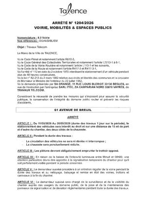 Arrete N° 1204-2026-Travaux Telecom 61 Avenue De Breuil Du 11 Au 26-05-2026-Publié Le 07 05 2026