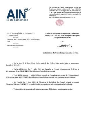 Arrêté De Délégation De Signature à Monsieur Thierry Clement, Directeur Général Adjoint Chargé De La Solidarité