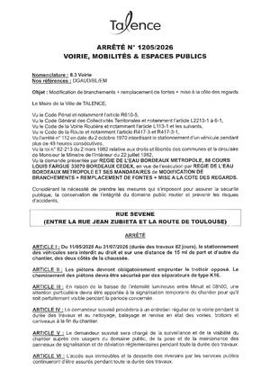 Arrete N° 1205-2026-Modif Branchement Et Autres Travaux Rue Frederic Sevene Du 11-05 Au 31-07-2026-Publié Le 07 05 2026