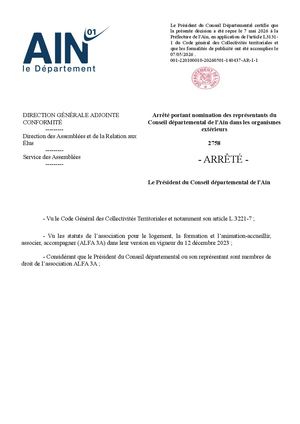 Arrêté Portant Nomination Des Représentants Du Conseil Départemental De L'ain Dans Les Organismes Extérieurs 05 2026