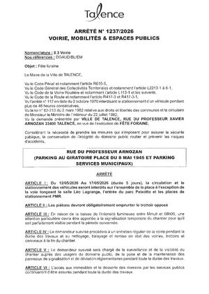 Arrete N° 1237-2026-Fete Foraine Rue Du Professeur Arnozan Du 12 au 17-05-2026-Publié Le 07 05 2026