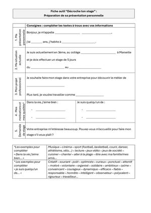 Fiche Outil Décroche Ton Stage - Ma Présentation