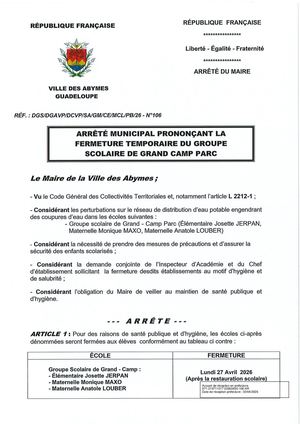 Arrêté N°106 - Fermeture Groupe Scolaire GRAND CAMP Suite CL