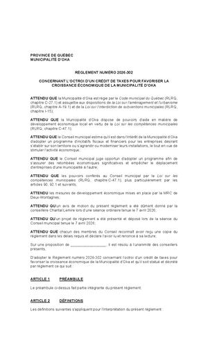 Réglement 2026-302 Programme Crédit de Taxes