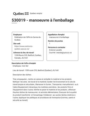 Acti Sol Québec Emploi 95109 Manoeuvre à L'emballage
