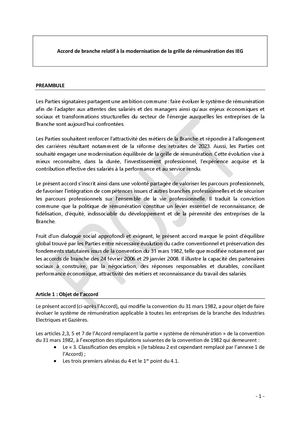 Projet Final Accord De Branche Relatif À La Modernisation De La Grille De Rémunération Des Ieg