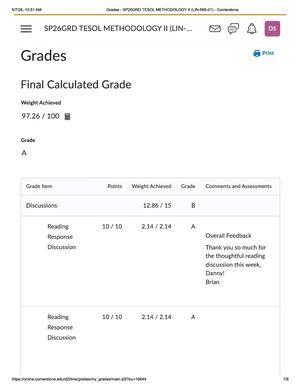 Tesol Methodology II Course Grade Of Deepak (Danny) Singh May 2026 Cornerstone University