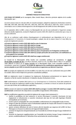 Avis Public - Consultation publique (Règlements d'urbanisme 2026)