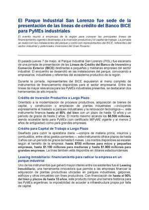 BICE PISL (gacetilla): presentación de líneas de crédito para PyMEs industriales