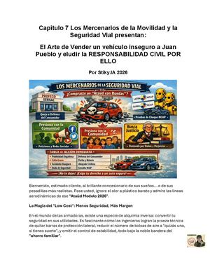 Capítulo 7 Los Mercenarios De La Movilidad Y La Seguridad Vial Presentan El Arte De Vender Un Auto Inseguro A Juan Pueblo Por Stiky.IA 2026