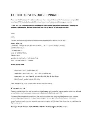 Scuba Certified Divers Medical Questionnaire Final Form 2024