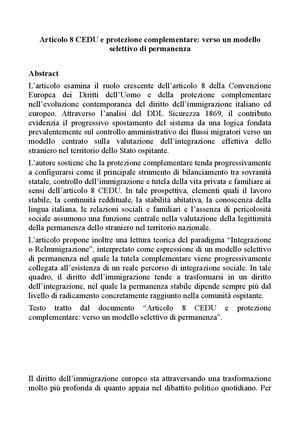 Articolo 8 CEDU e protezione complementare: verso un modello selettivo di permanenza