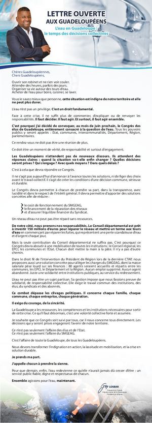 Lettre ouverte aux Guadeloupéennes et aux Guadeloupéens : L'eau en Guadeloupe, le temps des décisions collectives