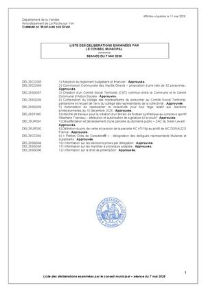 LISTE DELIBERATIONS CONSEIL MUNICIPAL DU 7 MAI 2026