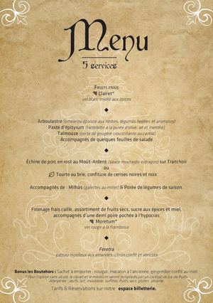Menu du Banquet Medieval du 27 Aout 2026