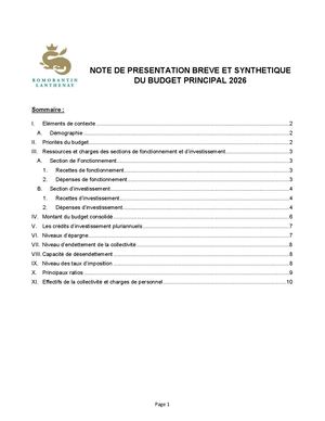 Budget Principal 2026 Note De Presentation Breve Et Synthetique