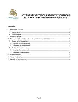 Budget Annexe Immobilier Entreprises 2026 Note De Presentation Breve Et Synthetique
