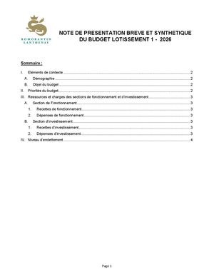Budget Annexe Lotissement Romo 1 2026 Note De Presentation Breve Et Synthetique