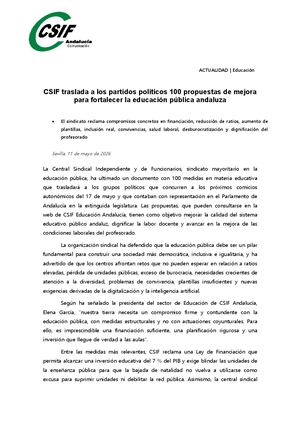 Csif A Np 11 05 2026 Csif Traslada A Los Partidos Políticos 100 Propuestas De Mejora Para Fortalecer La Educación Pública Andaluza