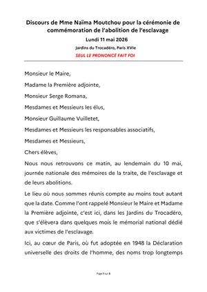Commémoration des mémoires de la traite, de l’esclavage et de leurs abolitions - Discours de Naïma Moutchou