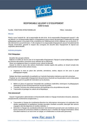 Responsable équipement Adjoint - CDD - Pia
