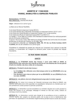 Arrete N° 1166-2026-Utilisation Camion Grue 22 Rue Henri Sicard Le 27-05-2026-Publié Le 11 05 2026