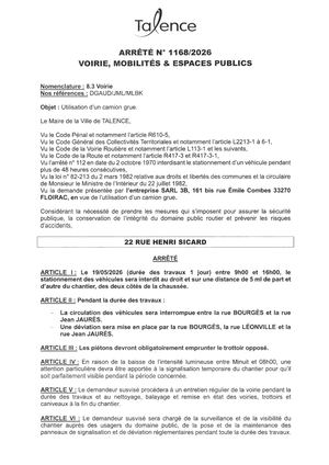 Arrete N° 1168-2026-Utilisation Camion Grue 22 Rue Henri Sicard Le 19-05-2026-Publié Le 11 05 2026