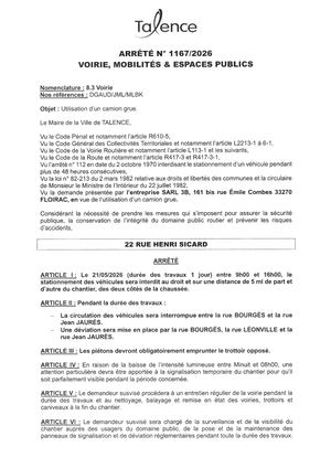 Arrete N° 1167-2026-Utilisation Camion Grue 22 Rue Henri Sicard Le 21-05-2026-Publié Le 11 05 2026