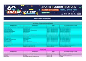 Programme de l'anniversaire des 60 ans du lac d'Orient samedi 23 mai 2026