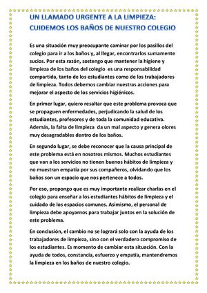 Articulo de opinión sobre un problema ambiental en nuestra institución educativa: "Baños sucios".
