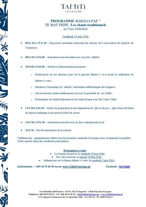 Programme Mahana Pae Te Mau Pehe 15 Mai 2026