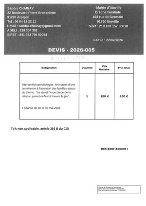 DM 10 2026 - Annexe 2 - Animation D’une Conférence Journée Parentalité - DEVIS S Chainay