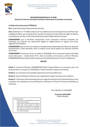 DM 07 2026 - Achat D'un Titre De Concession Funéraire Située Dans Le Cimetière Communal